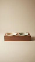 Walnut pet feeding station with ceramic bowls