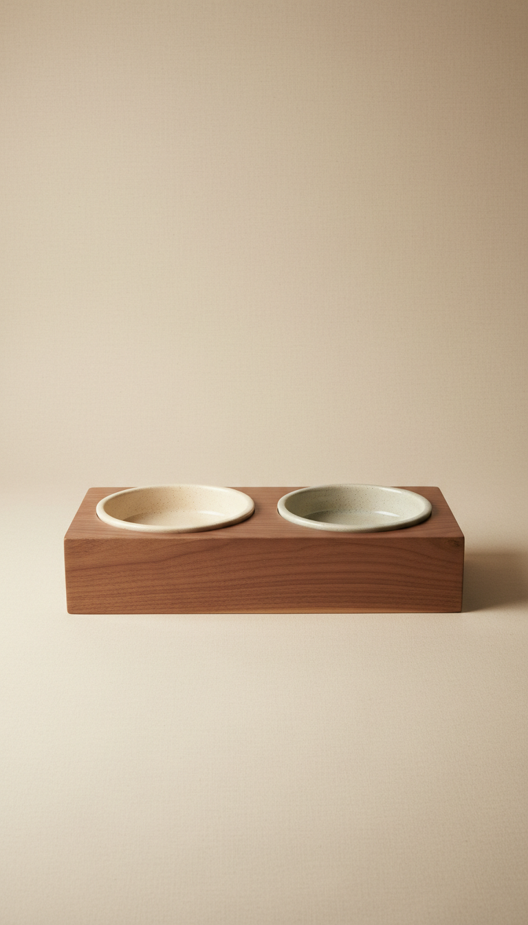 Walnut pet feeding station with ceramic bowls