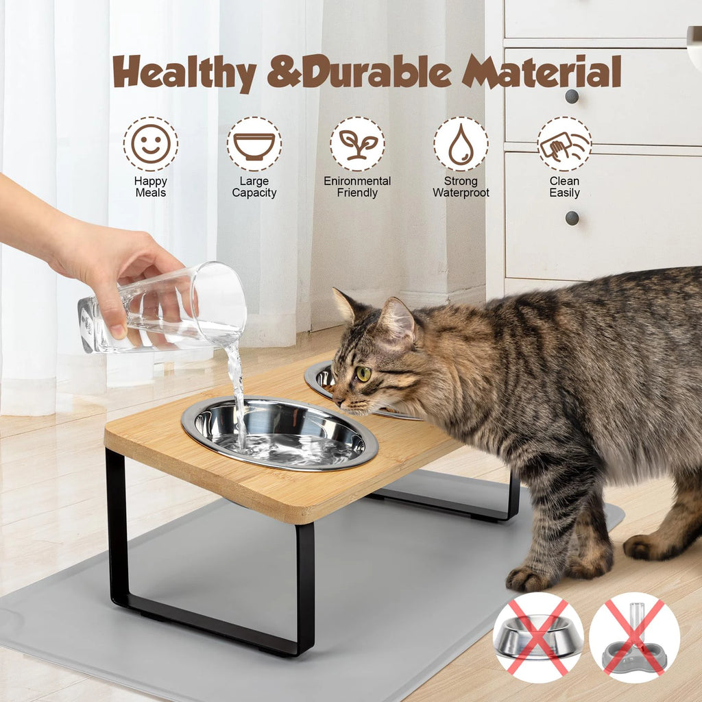 Elevated Cat Bowls Pet Feeder 15° Tilted Raised Cat Food Bowls with Wooden Stand 2 Stainless Steel Bowls for Cats and Puppy